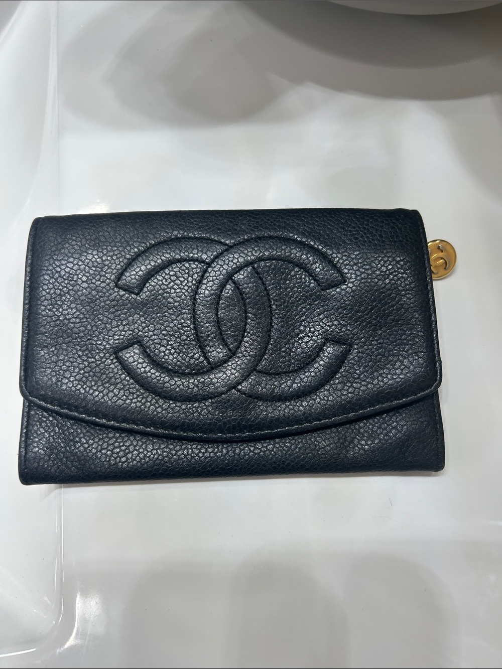 CHANEL Black Quilted Caviar Leather Wallet with Gold Zip Pull comes with COA